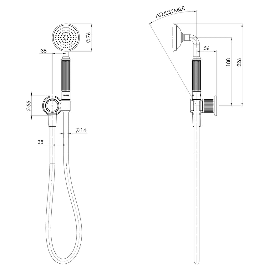 Phoenix Wiltern Hand Shower Brushed Nickel, technical line drawing with dimensions