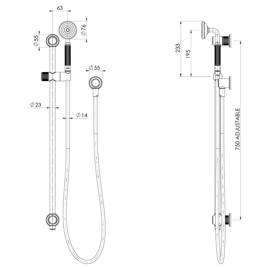 Phoenix Wiltern Rail Shower Brushed Carbon, technical line drawing with dimensions