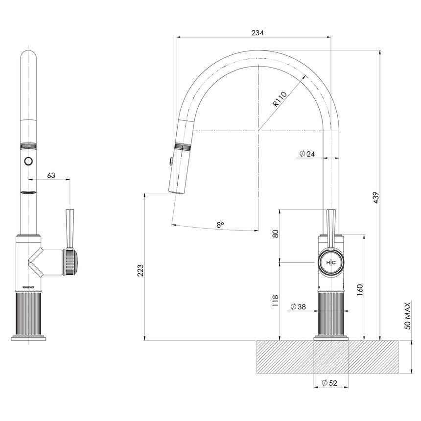Phoenix Wiltern Pull Out Sink Mixer 230mm Chrome, technical line drawing with dimensions