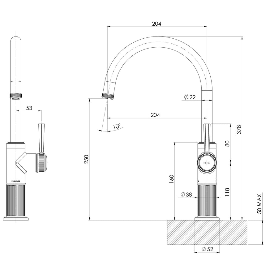 Phoenix Wiltern Sink Mixer 200mm Chrome, technical line drawing with dimensions