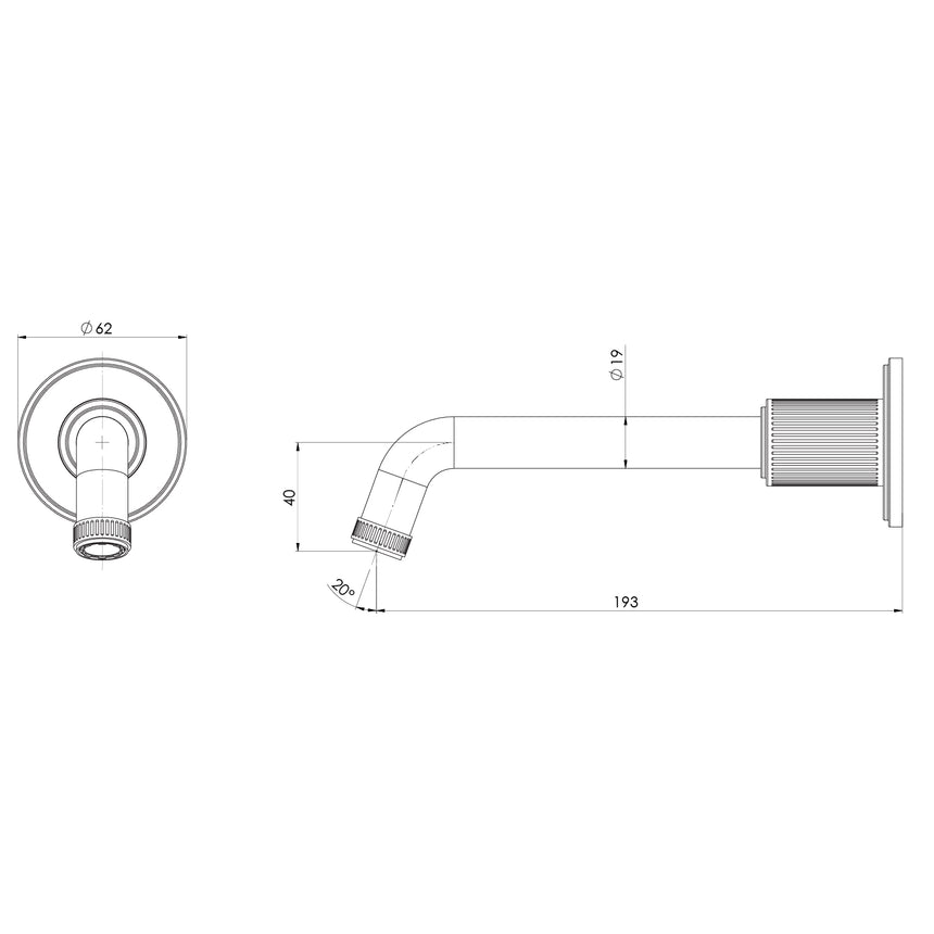 Phoenix Wiltern Wall Basin / Bath Outlet 190mm Brushed Nickel, technical line drawing with dimensions
