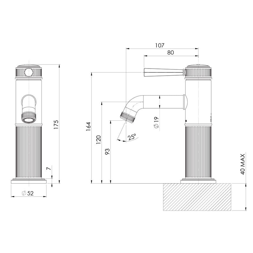 Phoenix Wiltern Basin Mixer Brushed Carbon, technical line drawing with dimensions