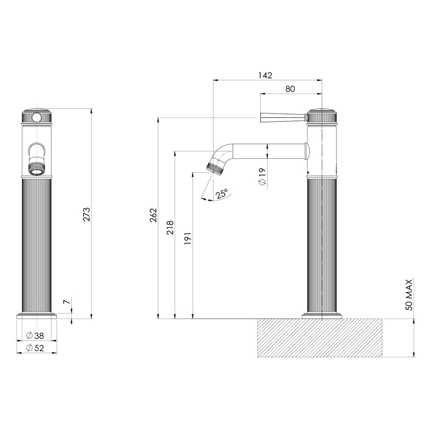 Phoenix Wiltern Vessel Mixer Brushed Nickel, technical line drawing with dimensions