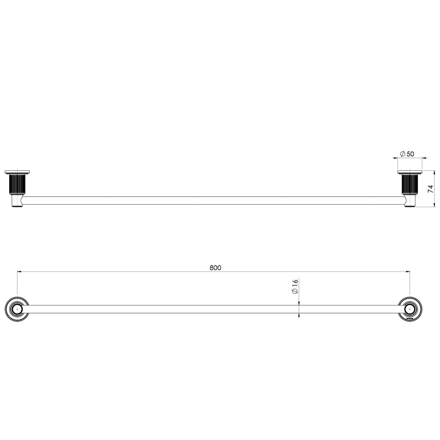Phoenix Wiltern Single Towel Rail 800mm Chrome, technical line drawing with dimensions