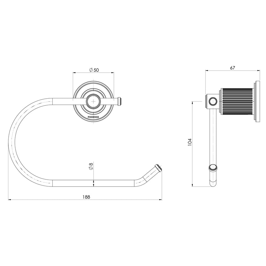 Phoenix Wiltern Toilet Roll Holder Brushed Carbon, technical line drawing with dimensions