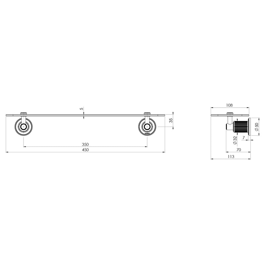 Phoenix Wiltern Glass Shelf 450mm Brushed Gold, technical line drawing with dimensions