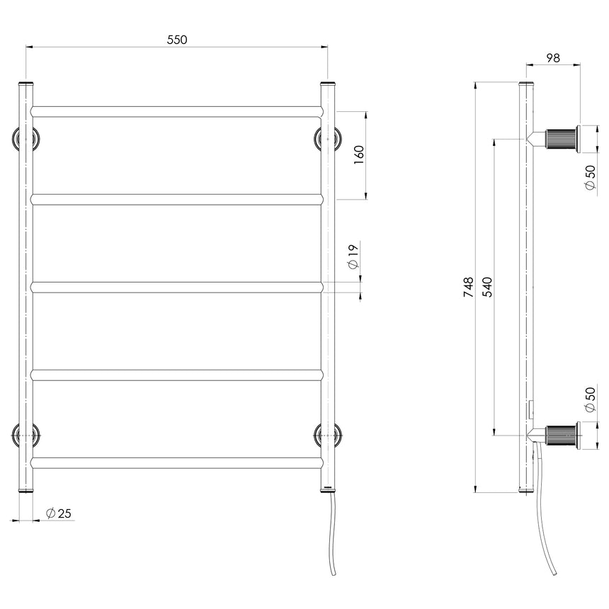 Phoenix Wiltern Heated Towel Ladder 550mm X 750mm Brushed Gold, technical line drawing with dimensions