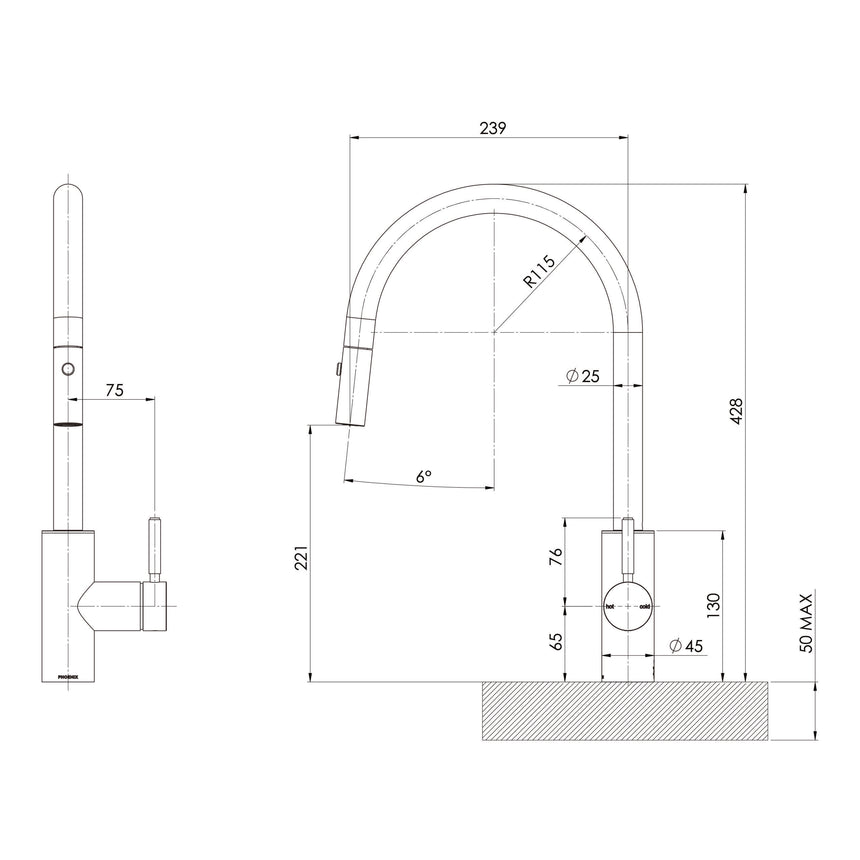 Phoenix Sink Package 2 - Matte White Sink & Brushed Gold Mixer, technical line drawing with dimensions