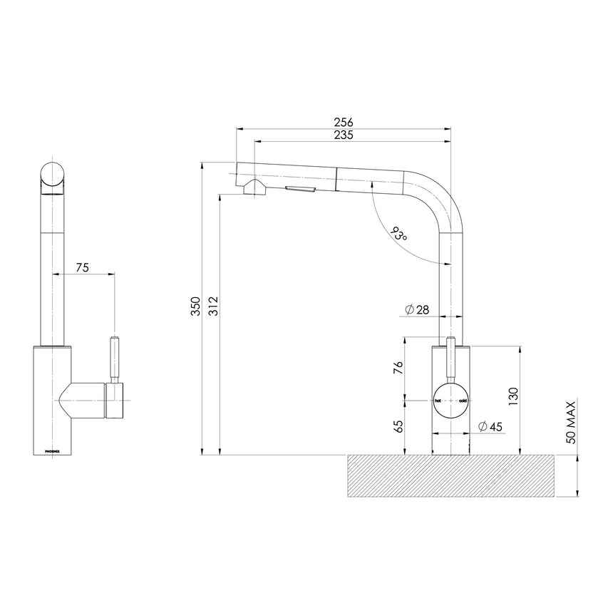 Phoenix Vivid MKII Pull Out Sink Mixer 230mm L Shaped Stainless Steel, technical line drawing with dimensions