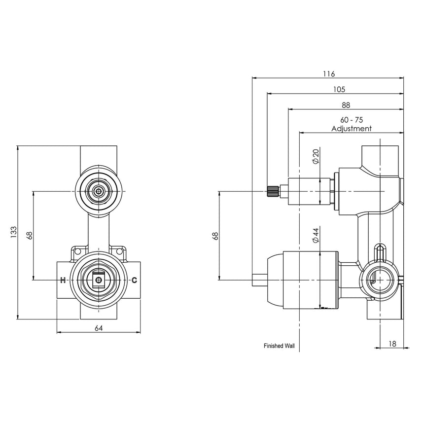 Phoenix Builders Shower / Bath Diverter Mixer Body Only Brushed Gold, technical line drawing with dimensions