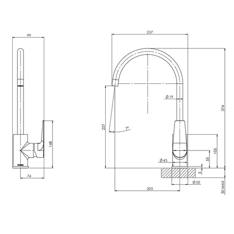 151-7310_Arlo_Sink_Mixer_200mm_Gooseneck_Line_Drawing