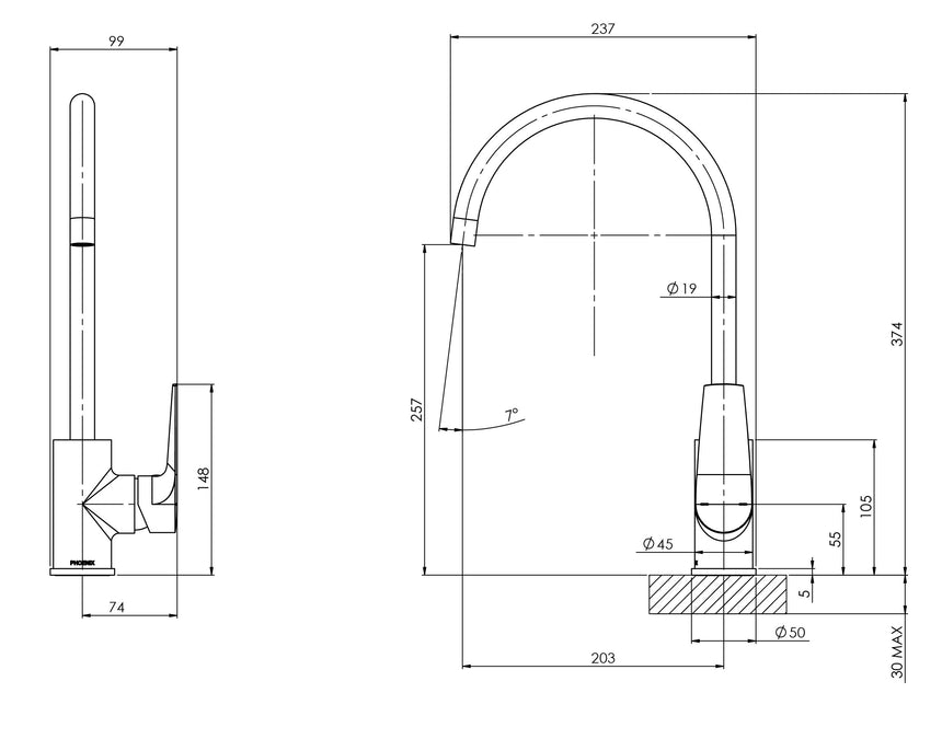 Phoenix Arlo Sink Mixer 6 Star 200mm Gooseneck Brushed Gold, technical line drawing with dimensions