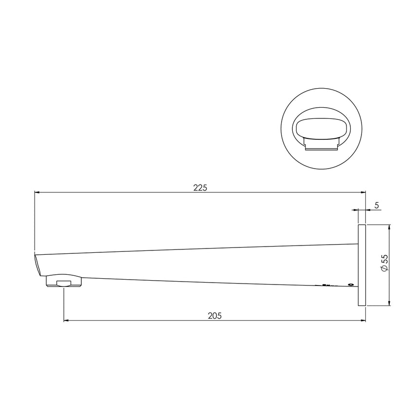 Phoenix Arlo Wall Bath Outlet 200mm Chrome, technical line drawing with dimensions