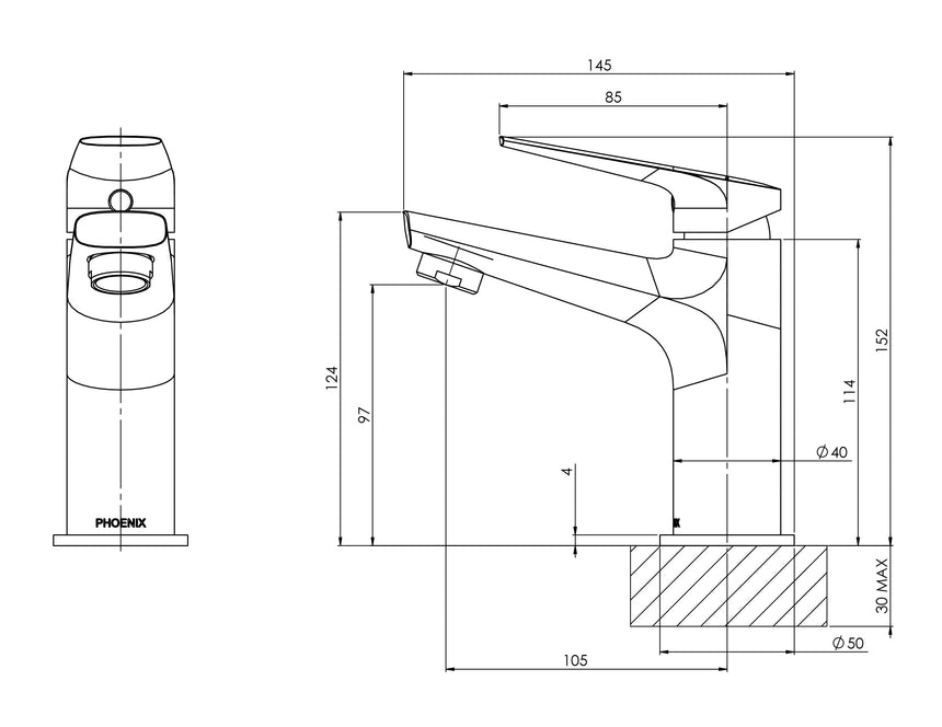 Phoenix Arlo Basin Mixer 6 Star Chrome, technical line drawing with dimensions