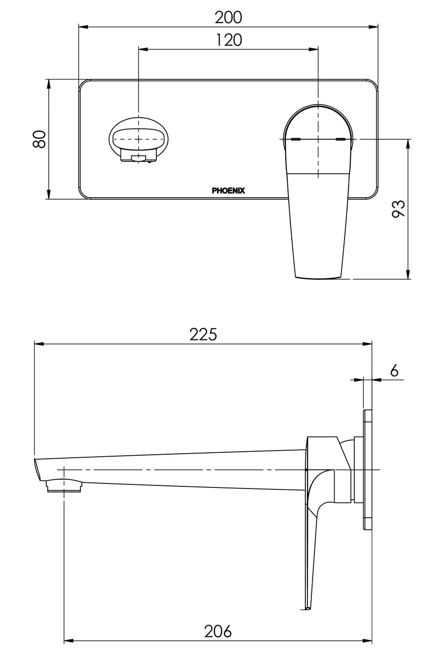 Phoenix Arlo Wall Basin / Bath Mixer Set 6 Star 200mm Trim Kit Only Brushed Gold, technical line drawing with dimensions