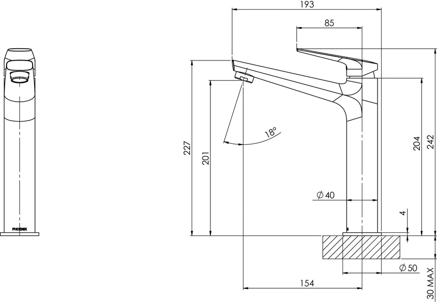 Phoenix Arlo Vessel Mixer 6 Star Chrome, technical line drawing with dimensions
