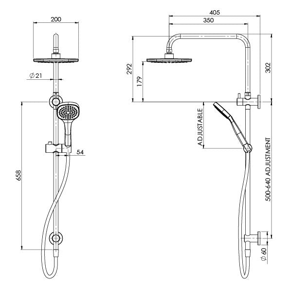 Phoenix Teva Twin Shower Matte Black, technical line drawing with dimensions