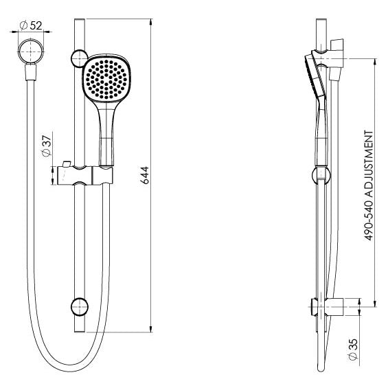 Phoenix Teva Rail Shower Chrome, technical line drawing with dimensions