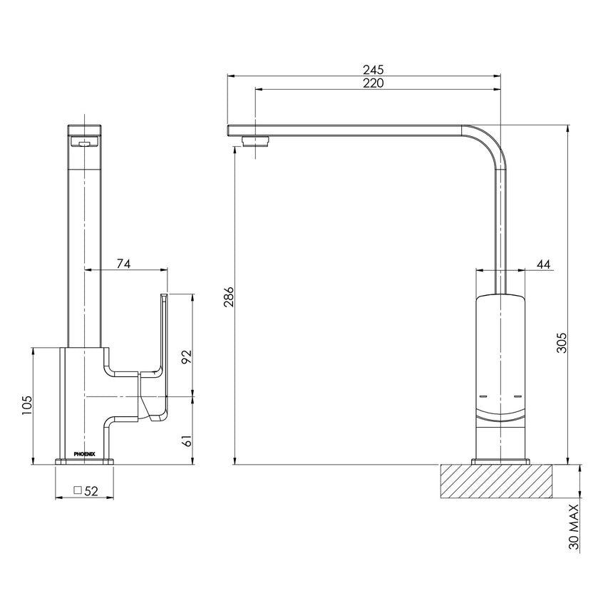 Phoenix Teva Sink Mixer 200mm Squareline Brushed Nickel, technical line drawing with dimensions