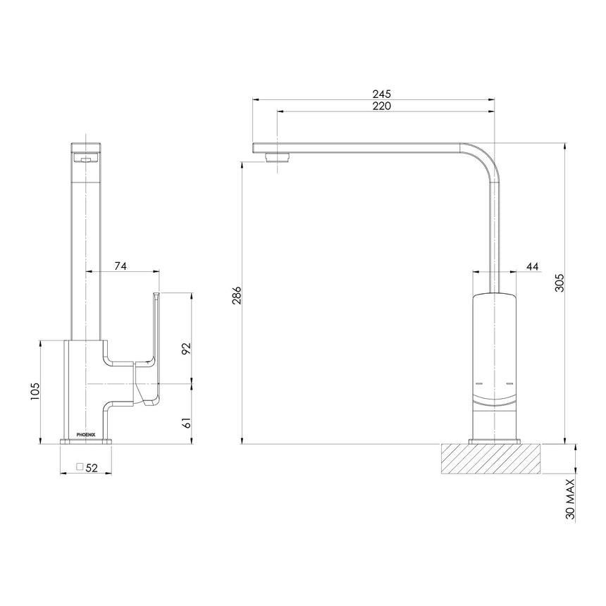 Phoenix Teva Sink Mixer 200mm 6 Star Squareline Chrome, technical line drawing with dimensions