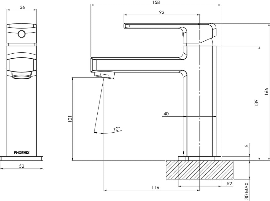Phoenix Teva Basin Mixer 6 Star Brushed Nickel, technical line drawing with dimensions