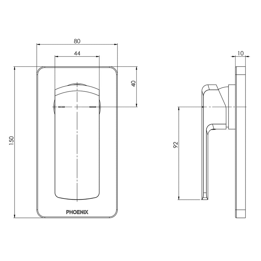 Phoenix Teva Shower / Wall Mixer Trim Kit Only Matte Black, technical line drawing with dimensions