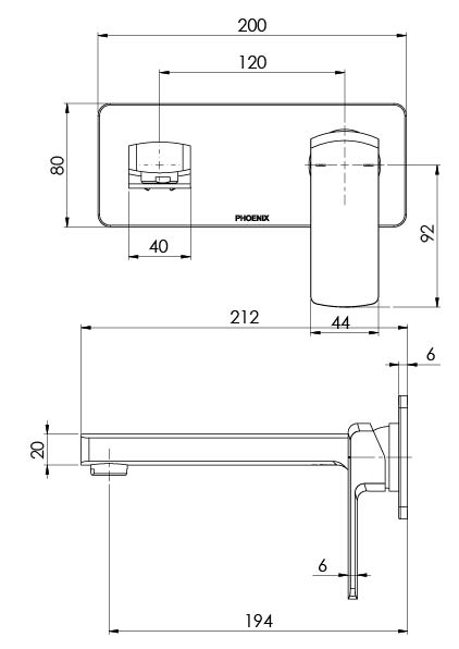 Phoenix Teva Wall Basin / Bath Mixer Set 6 Star 200mm Trim Kit Only Brushed Nickel, technical line drawing with dimensions