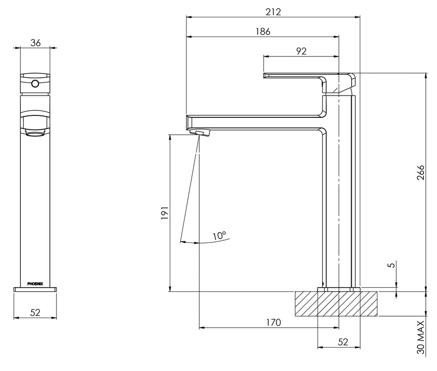 Phoenix Teva Vessel Mixer 6 star Brushed Nickel, technical line drawing with dimensions