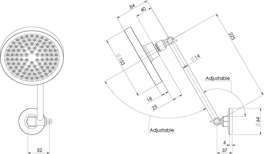 Phoenix Pina All Directional Shower Arm & 150mm Round Rose Chrome, technical line drawing with dimensions