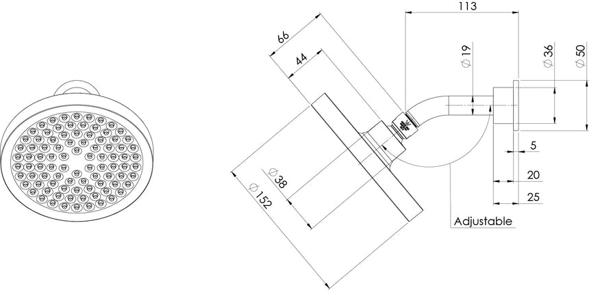 Phoenix Pina Shower Arm & 150mm Round Rose Matte Black, technical line drawing with dimensions