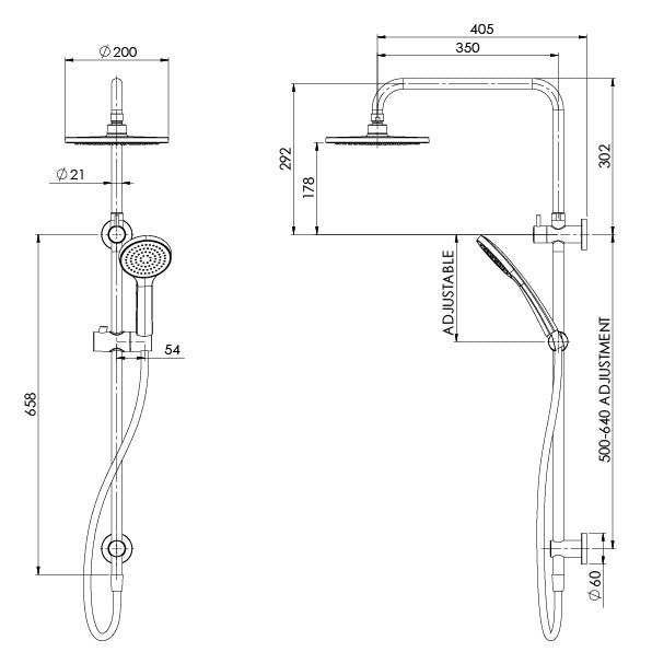 Phoenix Pina Twin Shower Brushed Nickel, technical line drawing with dimensions