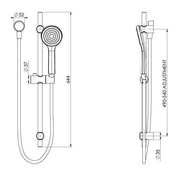 Phoenix Pina Rail Shower Chrome, technical line drawing with dimensions