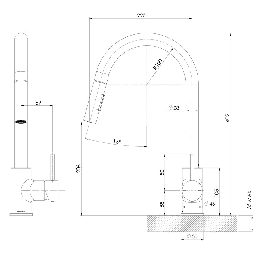 Phoenix Pina Pull Out Sink Mixer 230mm Chrome, technical line drawing with dimensions