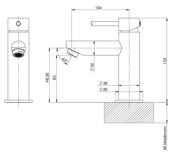 Phoenix Pina Basin Mixer 6 Star Matte Black, technical line drawing with dimensions
