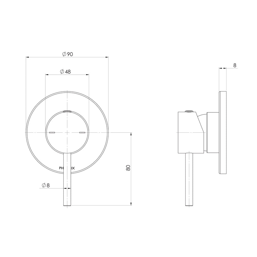 Phoenix Pina Shower / Wall Mixer Trim Kit Only 90mm Chrome, technical line drawing with dimensions