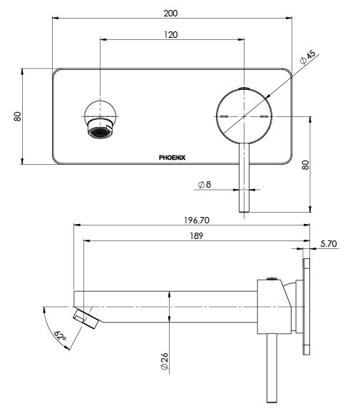 Phoenix Pina Wall Basin / Bath Mixer Set 6 Star 180mm Trim Kit Only Matte Black, technical line drawing with dimensions