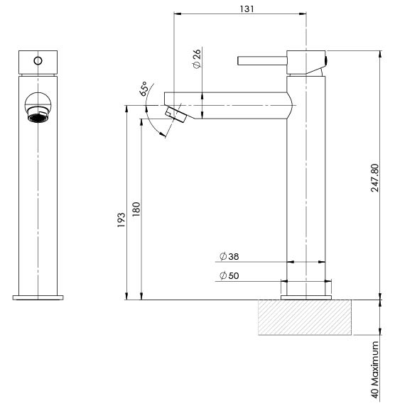 Phoenix Pina Vessel Mixer 6 Star Chrome, technical line drawing with dimensions