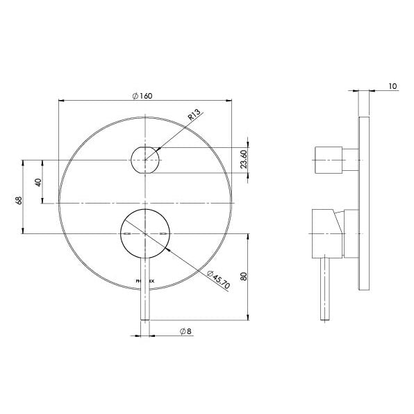 Phoenix Pina Shower / Bath Diverter Mixer Trim Kit Only Chrome, technical line drawing with dimensions