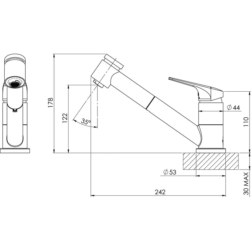 Phoenix Ivy MKII Pull Out Sink Mixer Matte Black, technical line drawing with dimensions