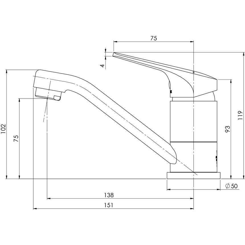 Phoenix Ivy MKII Swivel Basin Mixer Chrome, technical line drawing with dimensions