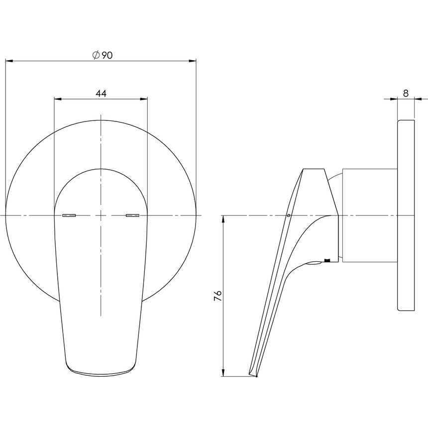 Phoenix Ivy MKII Shower / Wall Mixer Trim Kit Matte Black, technical line drawing with dimensions
