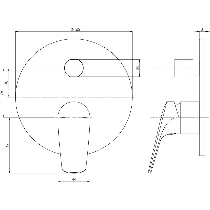 Phoenix Ivy MKII Diverter Mixer Trim Kit Matte Black, technical line drawing with dimensions
