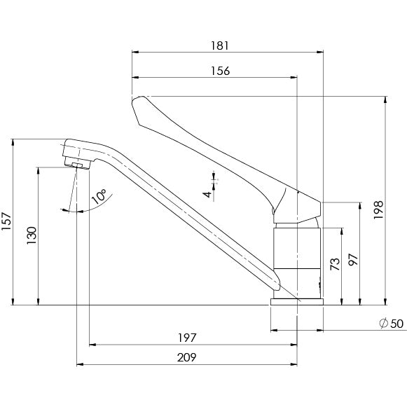 Phoenix Ivy MKII Extended Handle Swivel Sink Mixer 6 Star Chrome, technical line drawing with dimensions