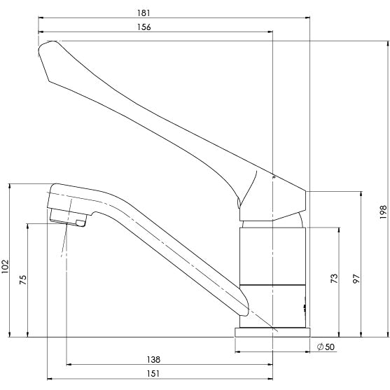 Phoenix Ivy MKII Extended Handle Swivel Basin Mixer Chrome, technical line drawing with dimensions