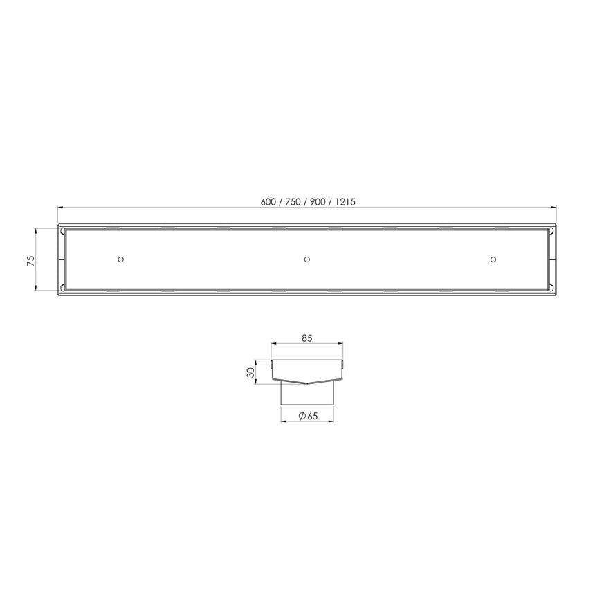 Phoenix V Channel Drain TI 75 x 750mm Outlet 65mm Stainless Steel, technical line drawing with dimensions