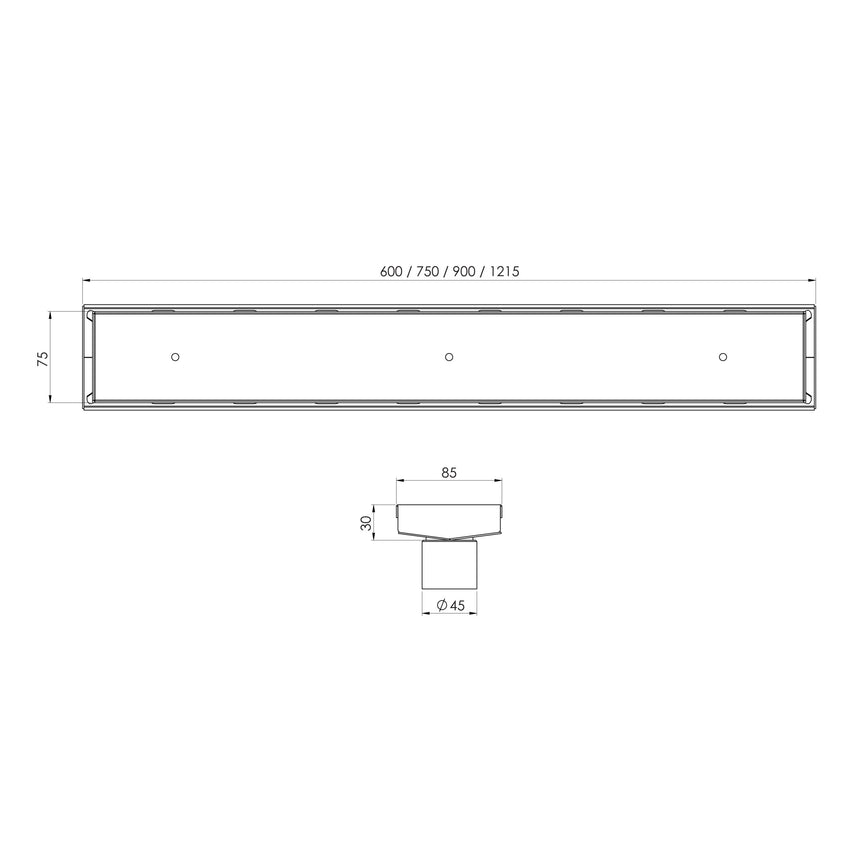Phoenix V Channel Drain TI 75 x 900mm Outlet 45mm Stainless Steel, technical line drawing with dimensions