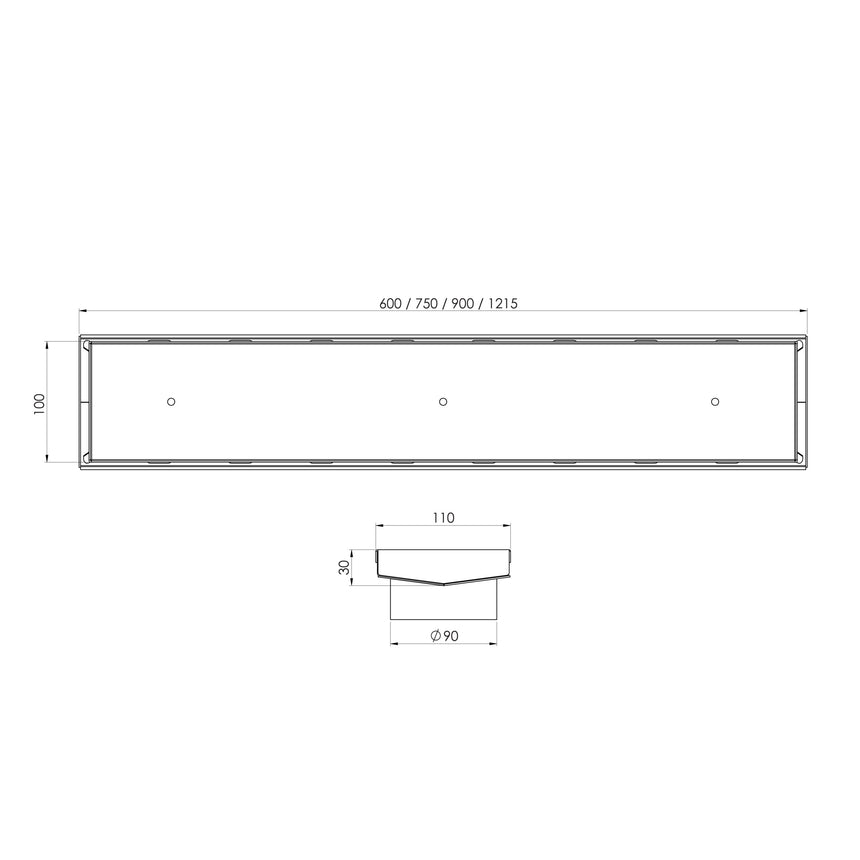 Phoenix V Channel Drain TI 100 x 900mm Outlet 90mm Stainless Steel, technical line drawing with dimensions
