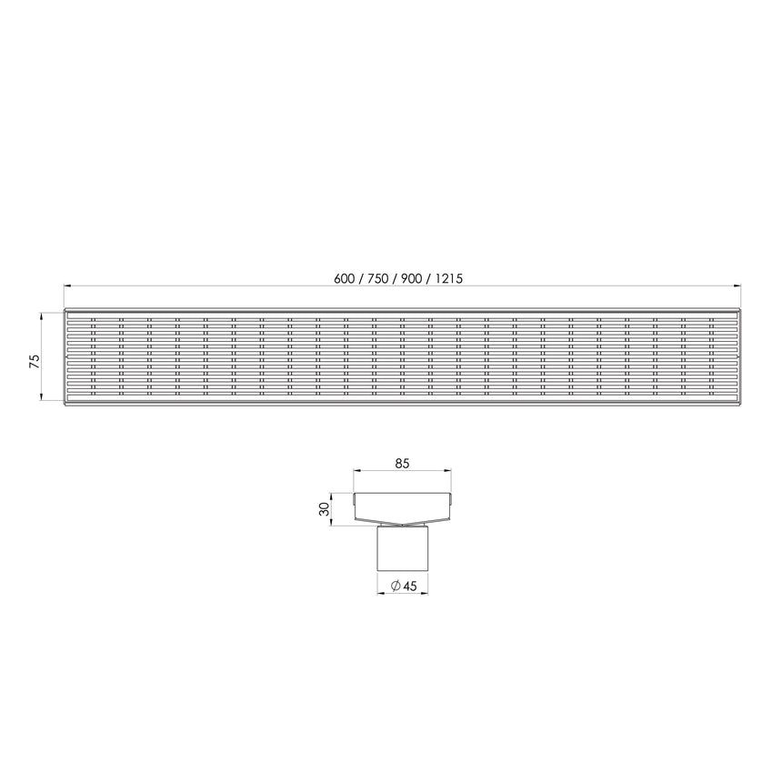 Phoenix V Channel Drain HG 75 x 600mm Outlet 45mm Matte Black, technical line drawing with dimensions
