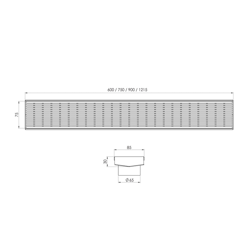 Phoenix V Channel Drain HG 75 x 1215mm Outlet 65mm Stainless Steel, technical line drawing with dimensions