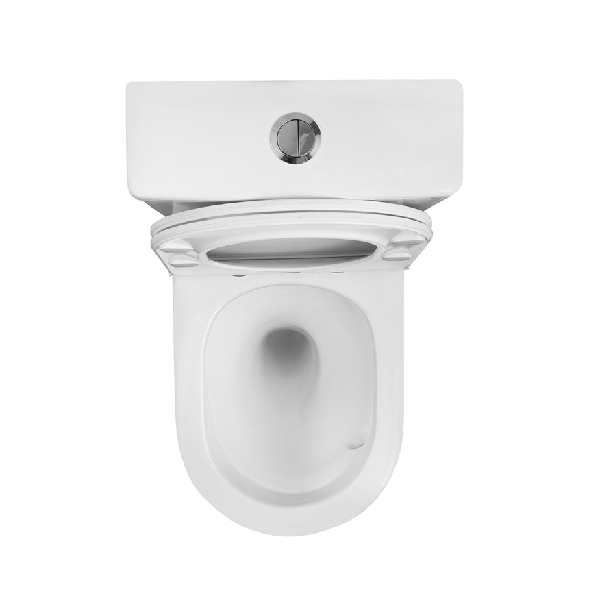 Top-down view of Lukka Acadia Tornado rimless toilet bowl showing Tornado flush design by Tilemall